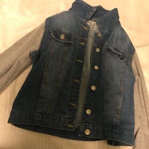 Denim jacket with gray sleeves